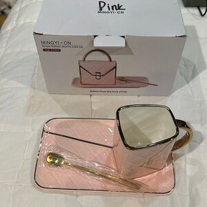 NWOT: Pink Ceramic Mug and Plate Set with Gold Accents